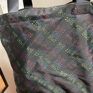 PINK Victoria Secret Black Multi Color Logo Zipper Closure Large Tote